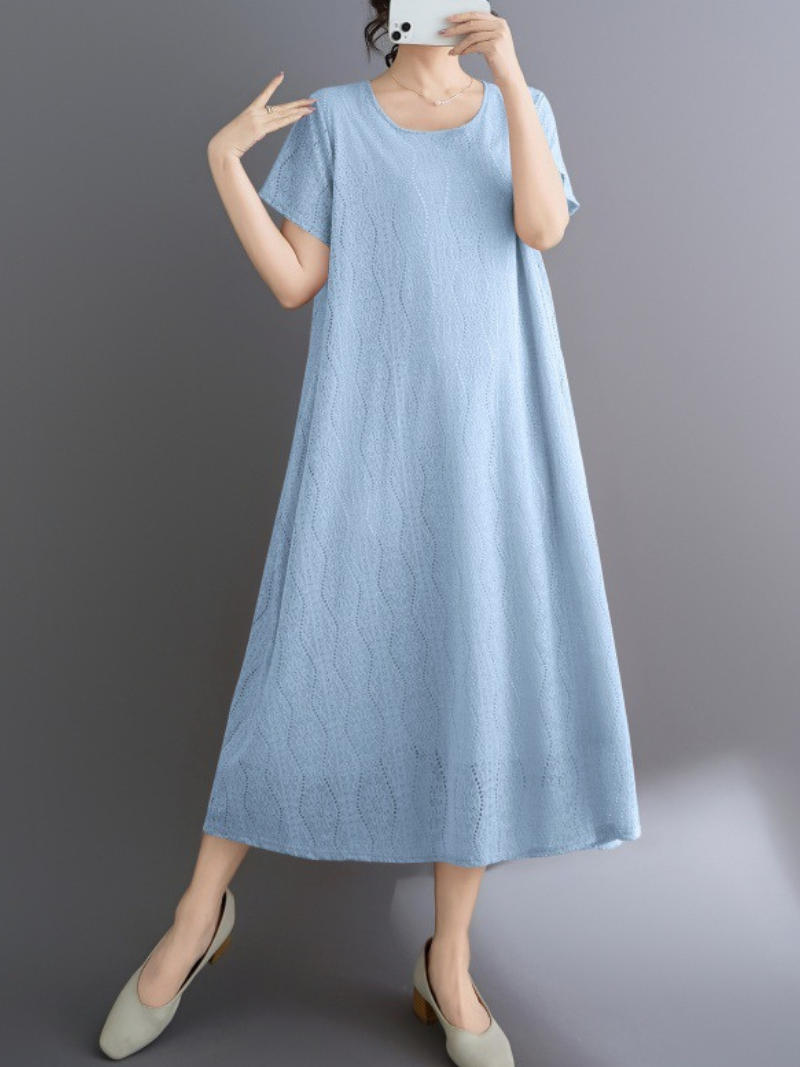 Lace-Scrolled A-Line Midi Dress with Pockets in Cotton Blend Elegance