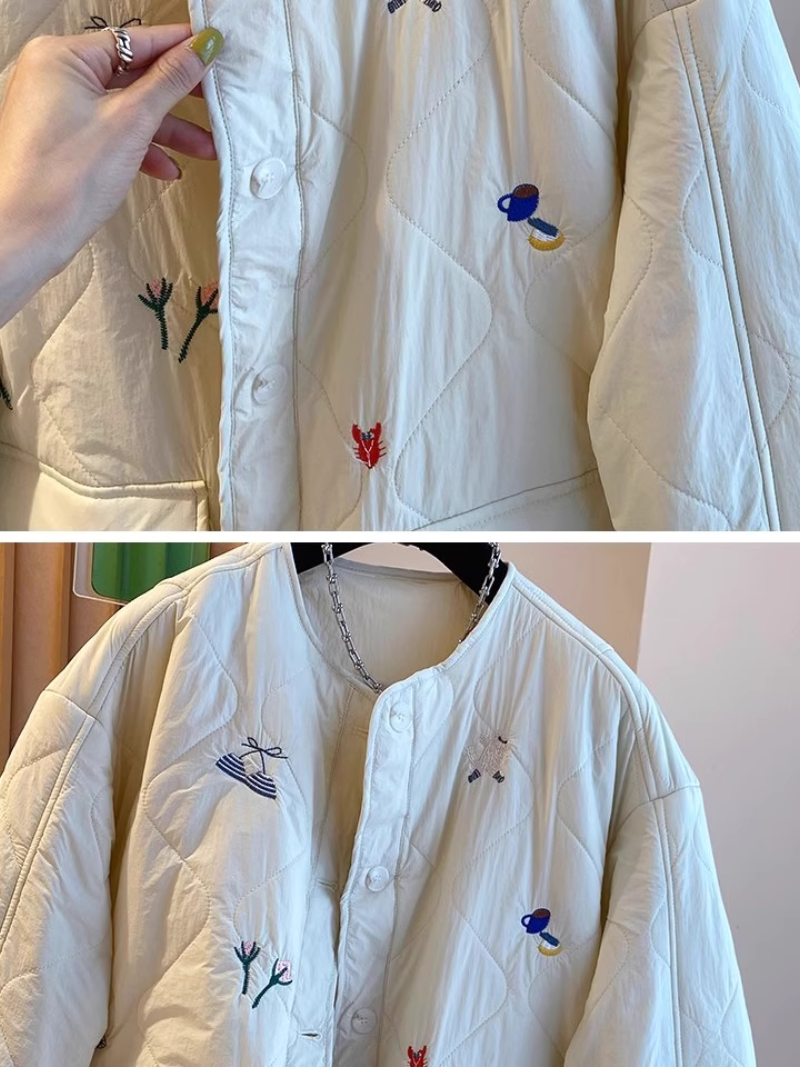 Chic Quilted Jacket, Embroidered Oversized Silhouette with Patch Pockets, Cotton-Poly