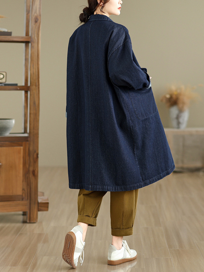 Relaxed Longline Denim Coat in Cotton with Patch Pockets, Effortless Chic