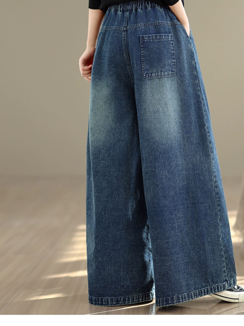 Chic Wide-Leg Women's Jeans in Denim Cotton with Artful Patchwork