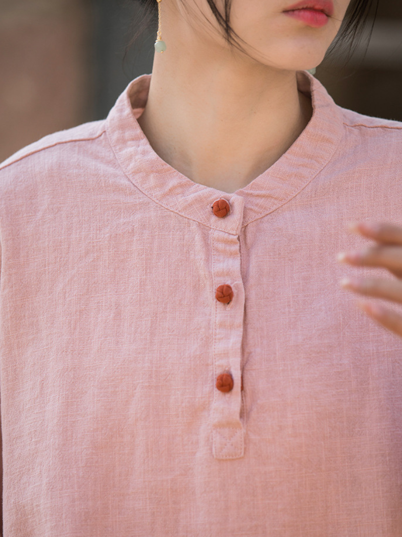 Artisan Mandarin-Collar Linen Blouse with Henley Buttons, Relaxed Silhouette, Pocket