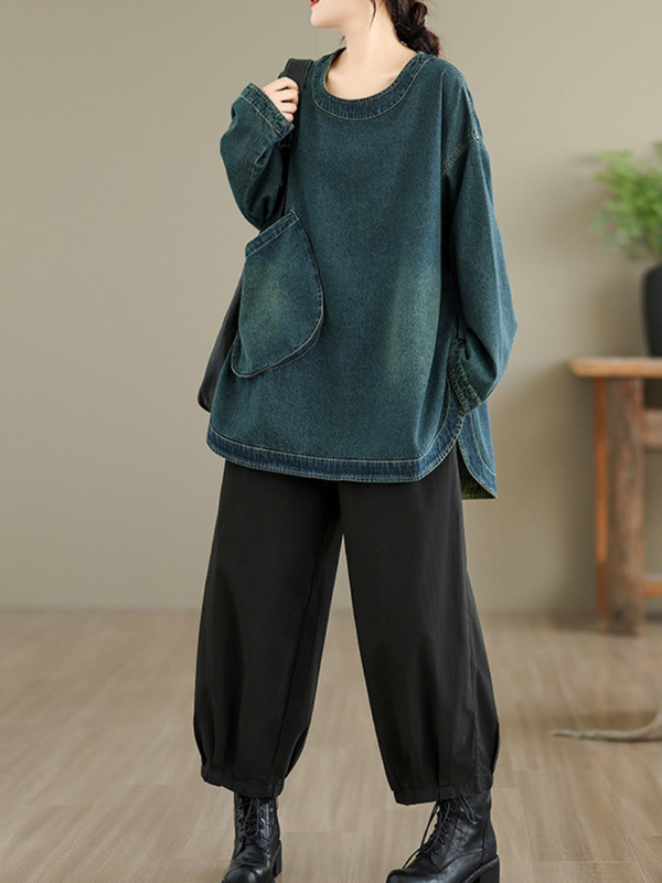 Oversized Denim Cotton Top with Curved Hem and Statement Pocket