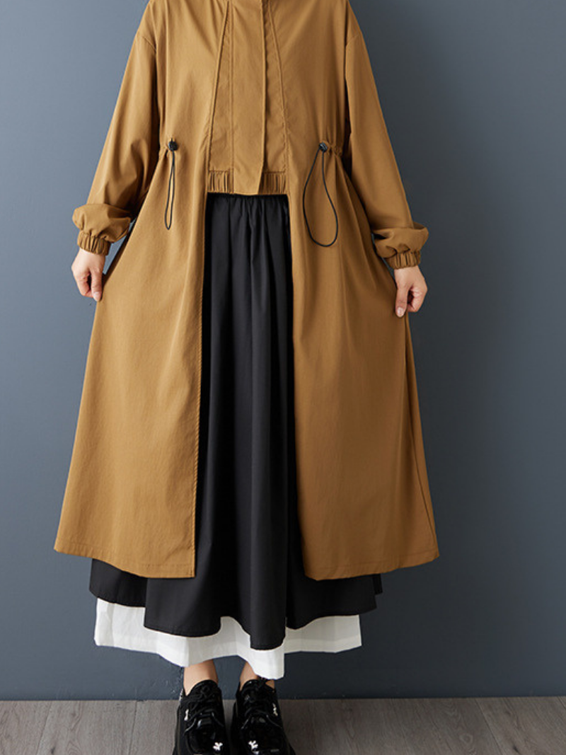 Minimalist Stand-Collar Drawstring Trench Coat, Oversized Longline Everyday Elegance