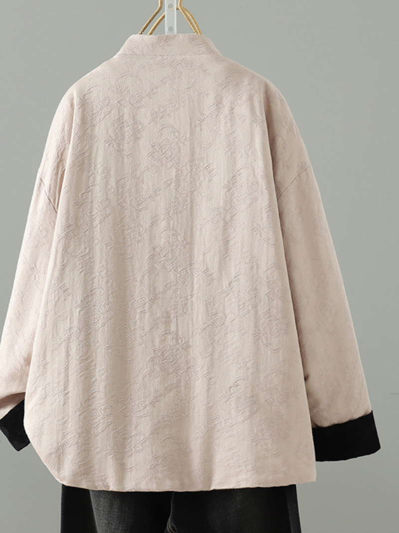 Mandarin-Collar Cotton&Flax Jacquard Jacket, Elegant Women’s Winter Outerwear