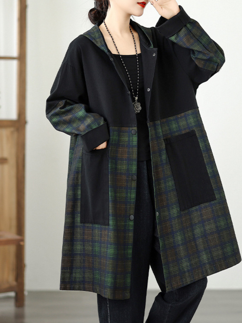 Longline Denim Cotton Plaid Shacket Coat with Hood and Pockets