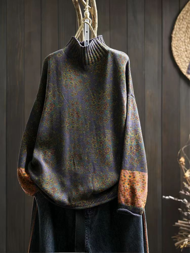 Women’s Floral Print Half Turtle Neck Knit Sweater