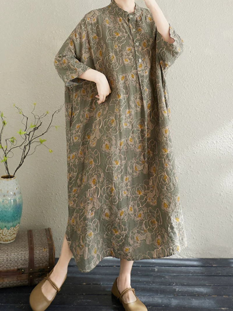 Serene Weekend Floral Dress — Cotton Linen Ease with Relaxed Elegance