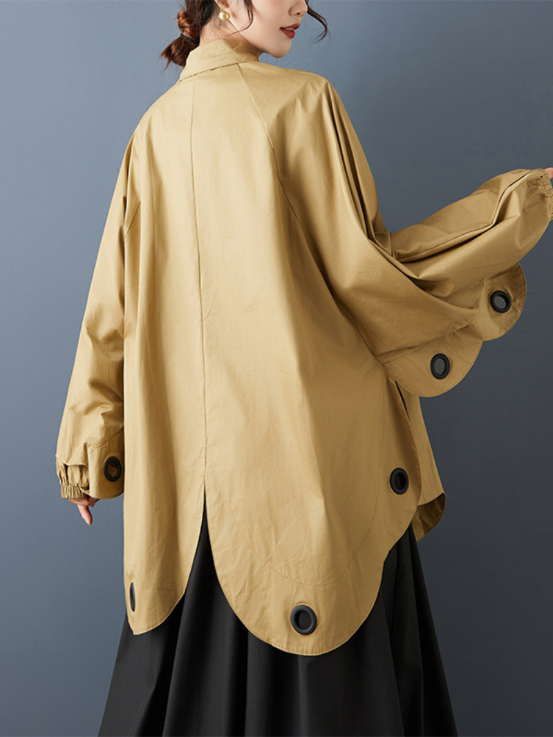 Sculpted Scallop Oversized Blouse in Yellow, Elegant Polyester Button-Down Shirt