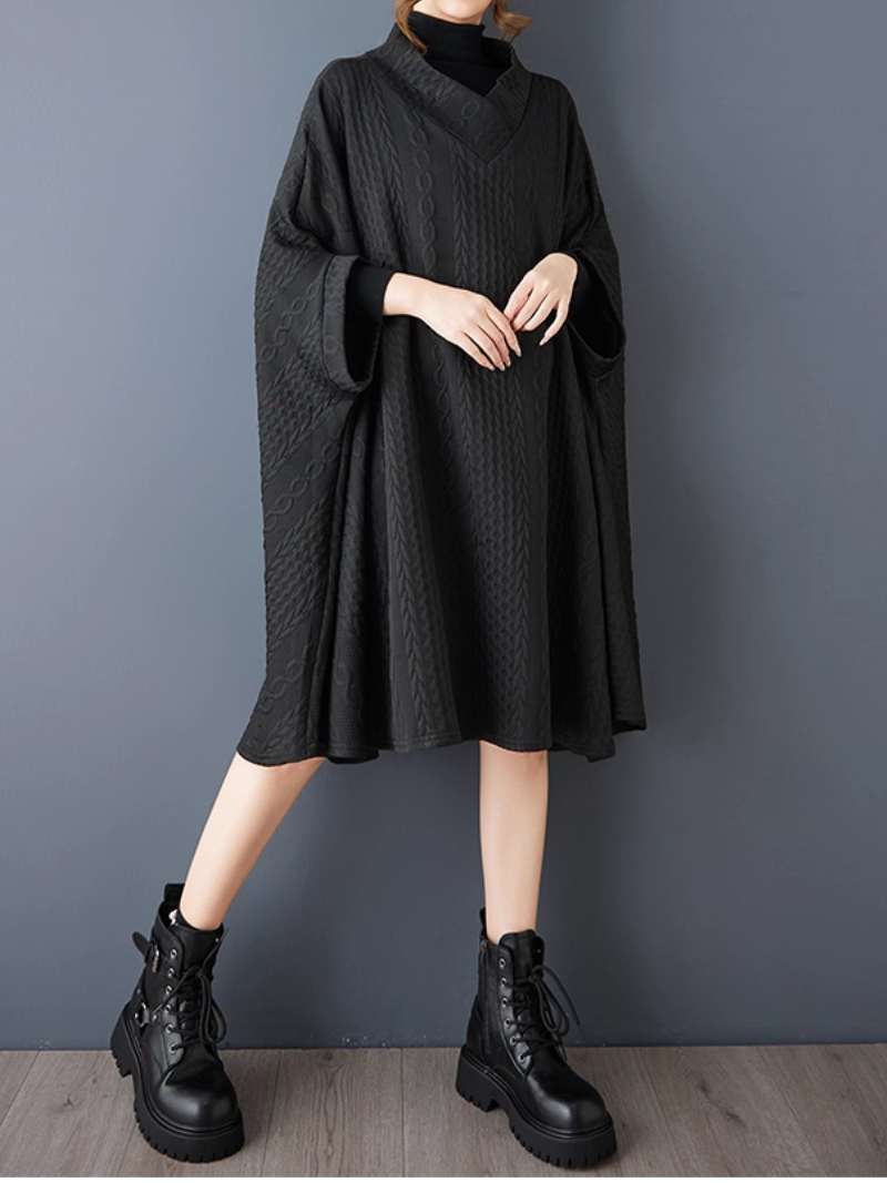 Textured A-line Cape Poncho in Polyester Blend, Minimalist Winter Layer