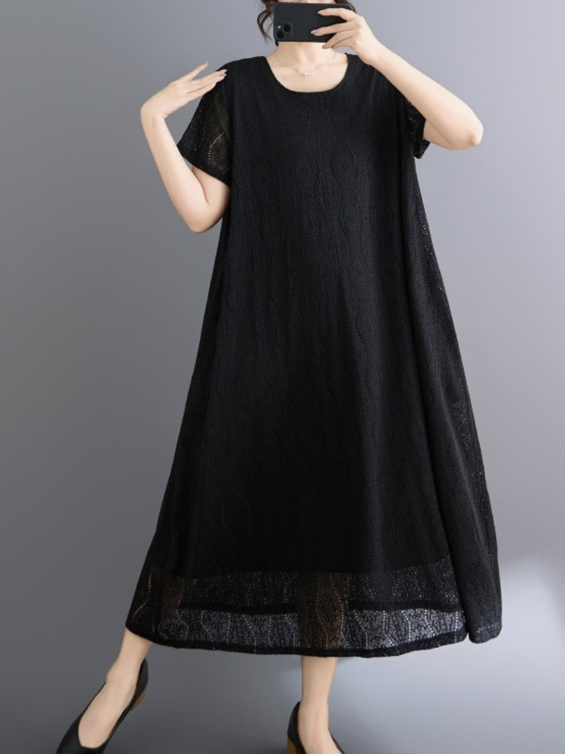 Lace-Scrolled A-Line Midi Dress with Pockets in Cotton Blend Elegance