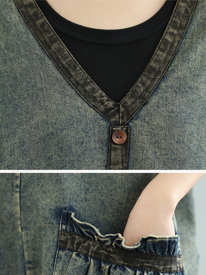 Relaxed V-Neck Denim Dress with Oversized Pockets, Effortless Pinafore