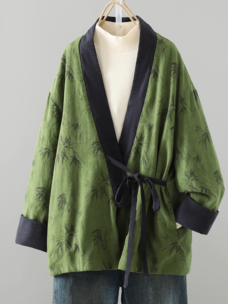 Bamboo Print Cotton-Linen Kimono Jacket with Contrast Trim and Tie
