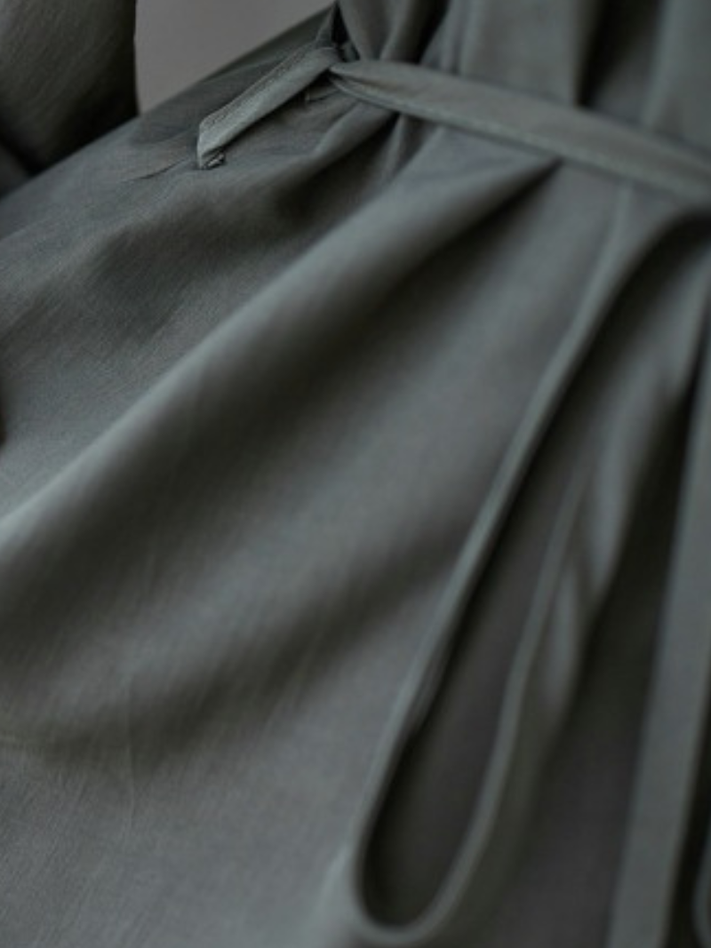 Gathered Neck Viscose Maxi Dress with Belt and Bishop Sleeves