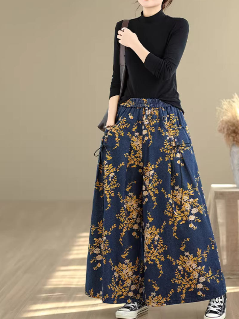 Floral Denim Cotton Palazzo Pants with Elastic Waist, Chic Wide-Leg Silhouette