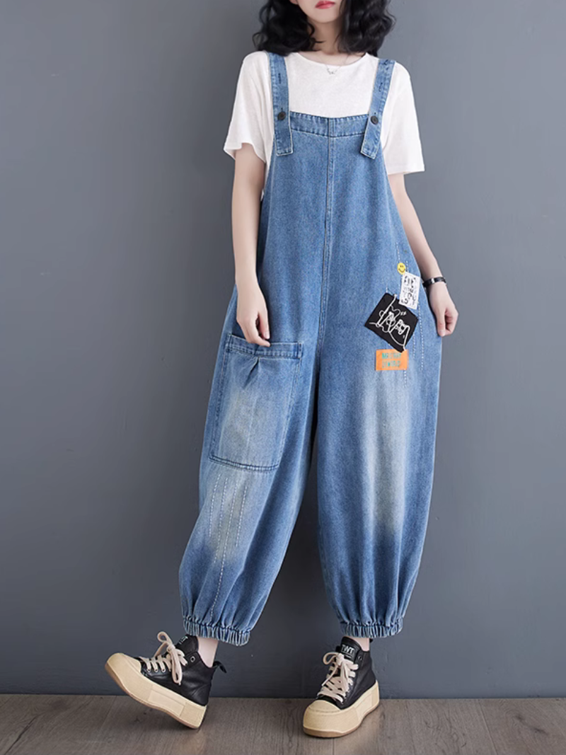 Women's Summer Plus Size Baggy Wide Leg Patch Dungarees