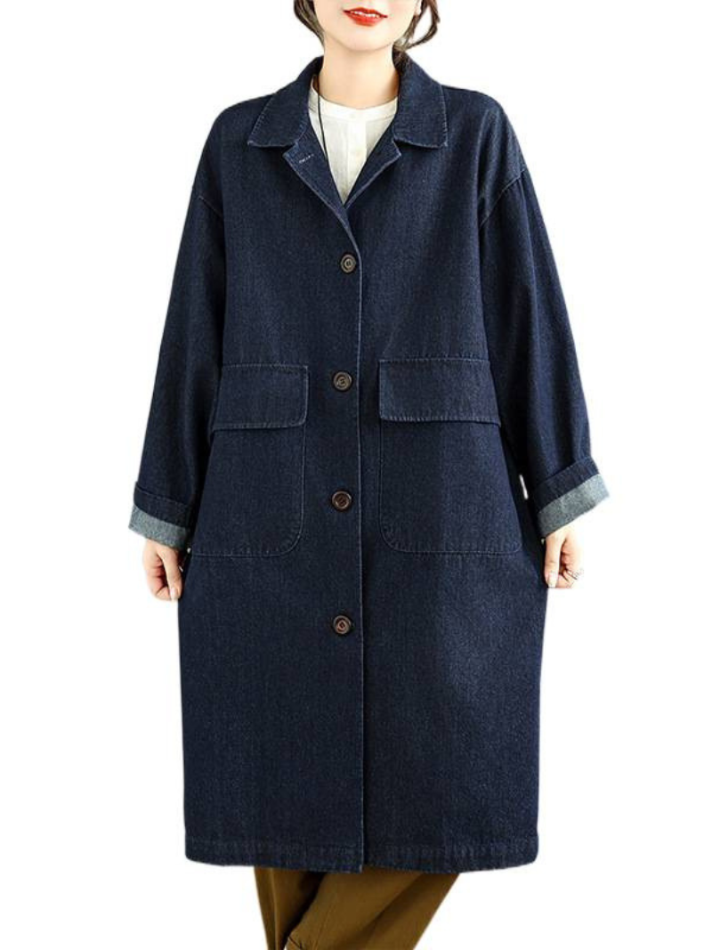 Relaxed Longline Denim Coat in Cotton with Patch Pockets, Effortless Chic