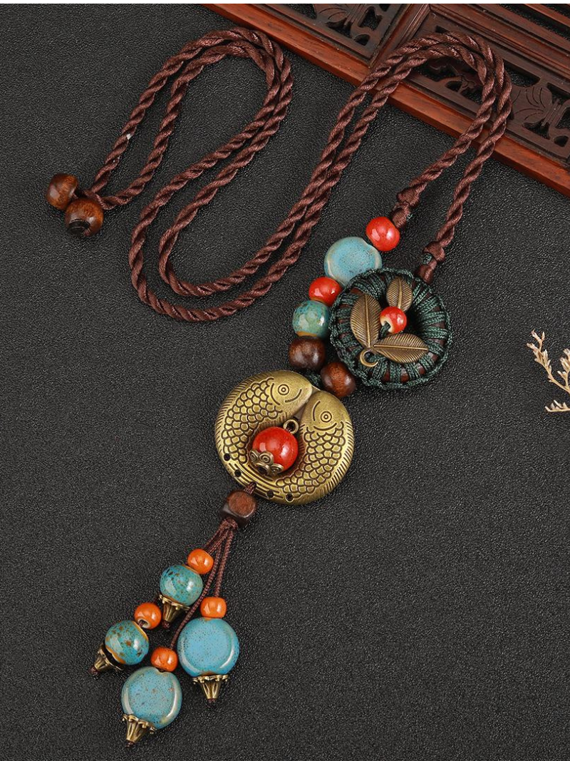 Chine esthétique de style ethnique Chaîne Rétros Retro Retro tissé de style chinois Collier en céramique Pendentif