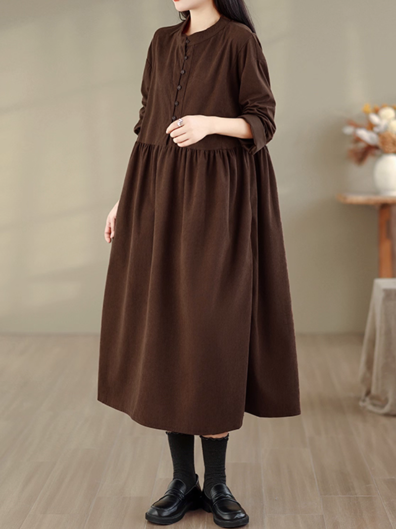 Elegant Corduroy Long-Sleeve Midi Dress with Buttons and Banded Collar
