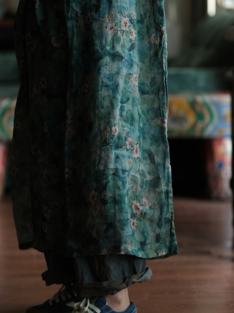 Artisanal Floral Ramie Kaftan Dress with Flowing Kimono Sleeves