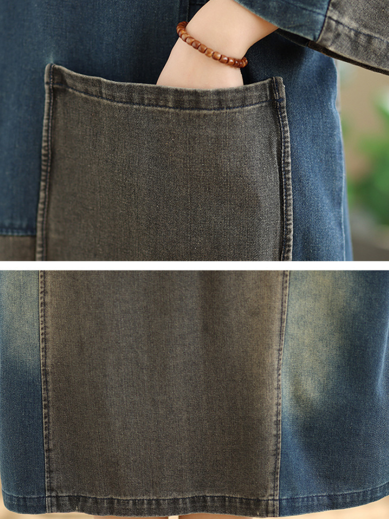Artisanal Patchwork Denim Dress with Oversized Pockets, Relaxed Cocoon Fit