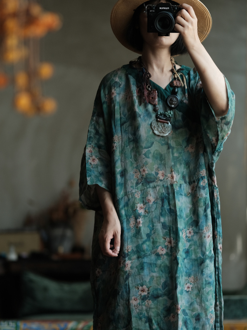 Artisanal Floral Ramie Kaftan Dress with Flowing Kimono Sleeves