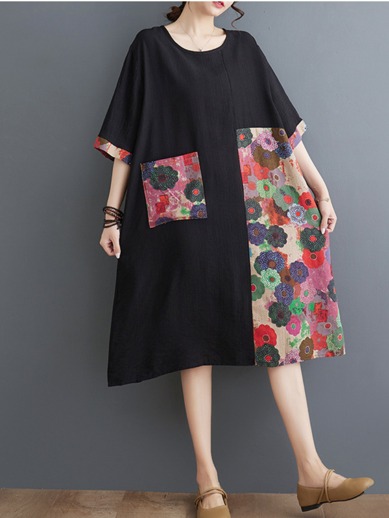 Women's Relaxed Fit Summer Printed Front Pockets A-Line Dress
