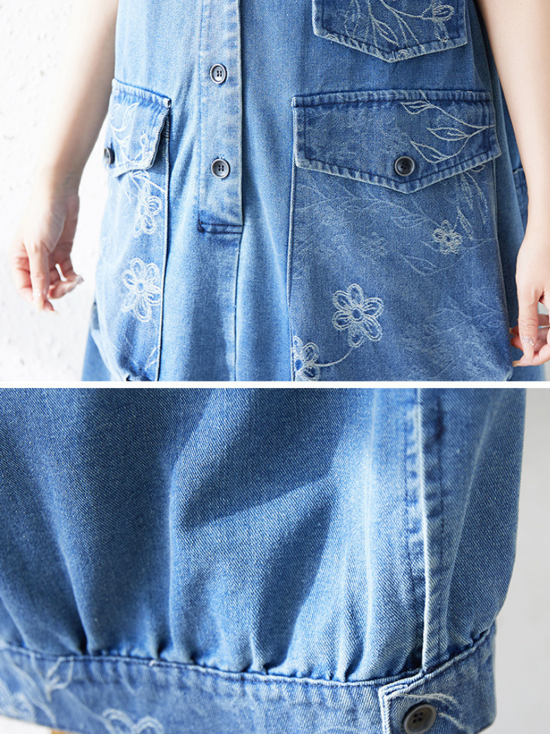 Utility Chic Denim Dress Pinafore with Oversized Floral Patch Pockets