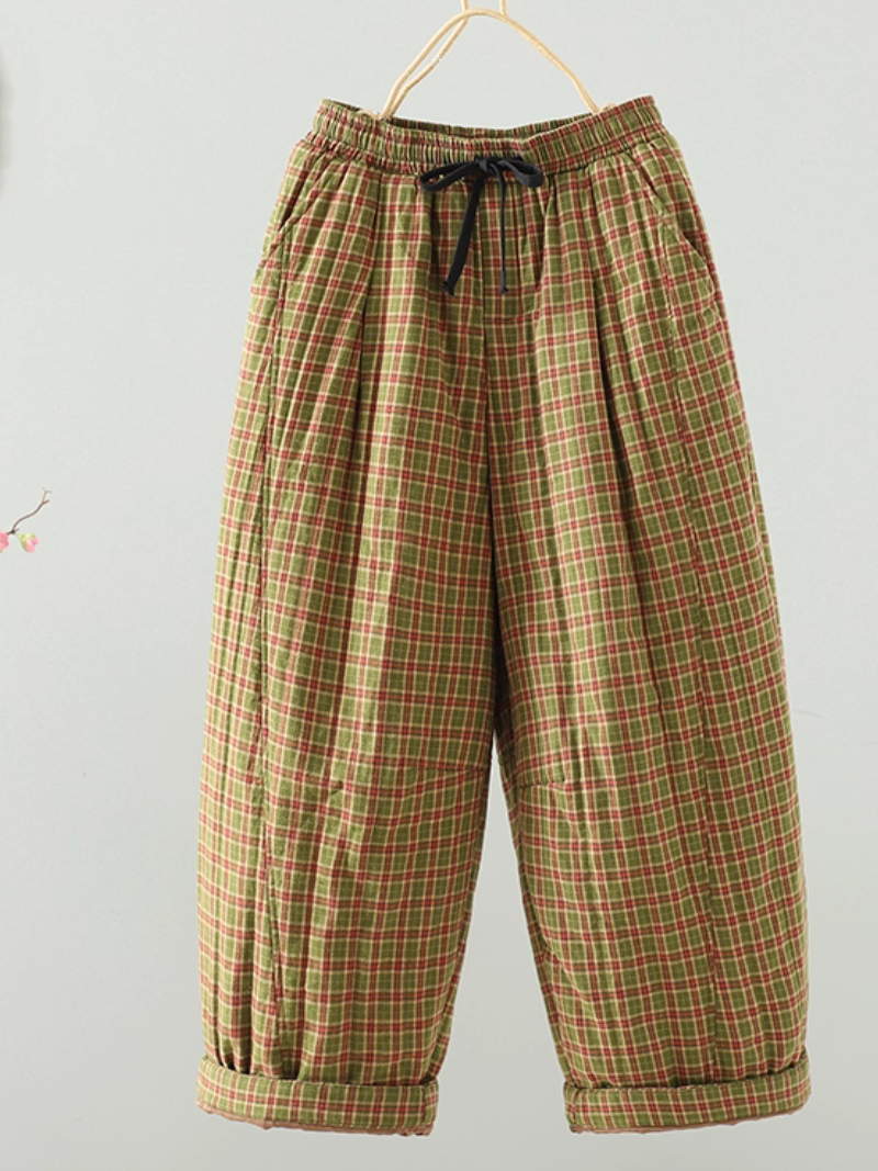 Artisanal plaid pants, relaxed cropped fit in breathable Cotton&Flax for women