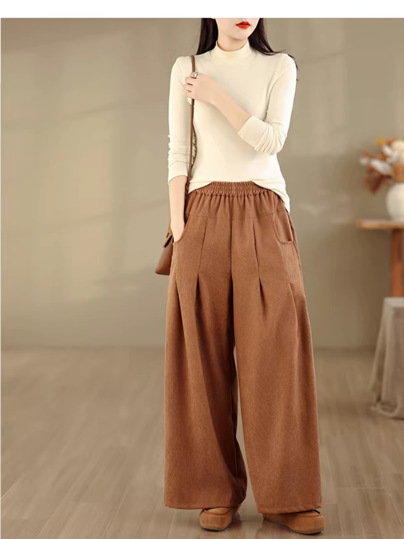 Chic Relaxed Corduroy Wide-Leg Pants with Pockets and Elastic Waist
