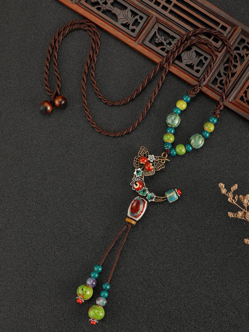 Chine esthétique de style ethnique Chaîne Rétros Retro Retro tissé de style chinois Collier en céramique Pendentif