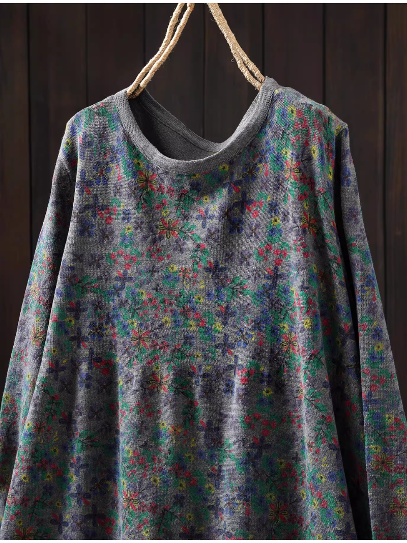 Elegant floral sweater dress in relaxed A-line silhouette for winter