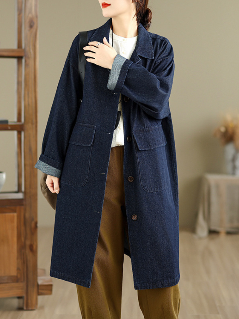 Relaxed Longline Denim Coat in Cotton with Patch Pockets, Effortless Chic