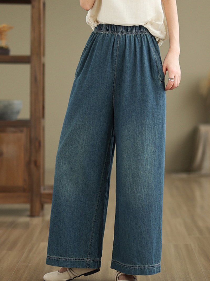 Fluid Wide-Leg Denim Cotton Pants with Elastic Waist and Pockets