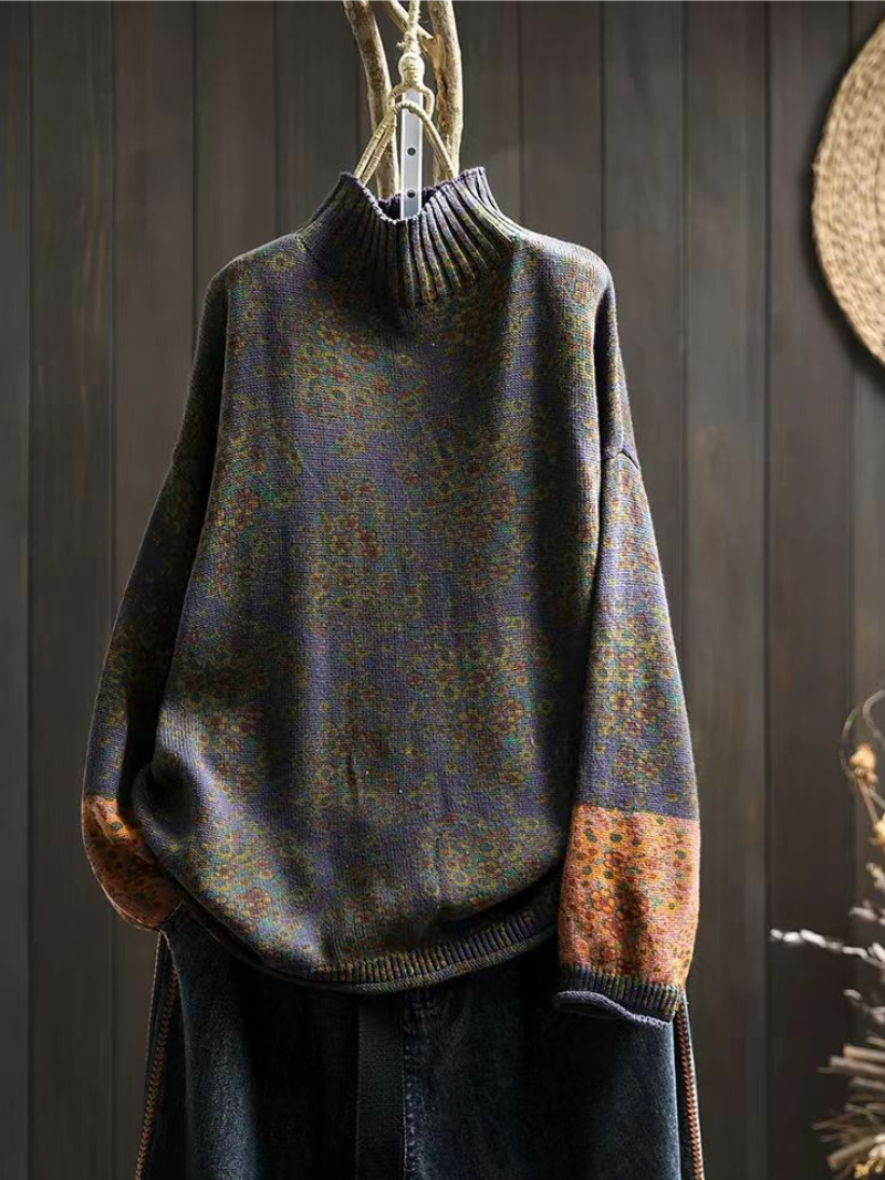 Women’s Floral Print Half Turtle Neck Knit Sweater