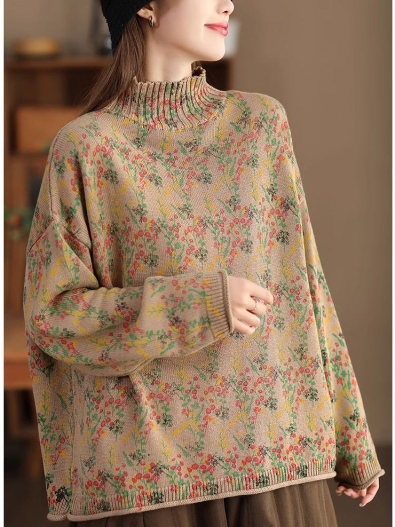 Jacquard Floral Knit Sweater with Relaxed Silhouette for Effortless Layering