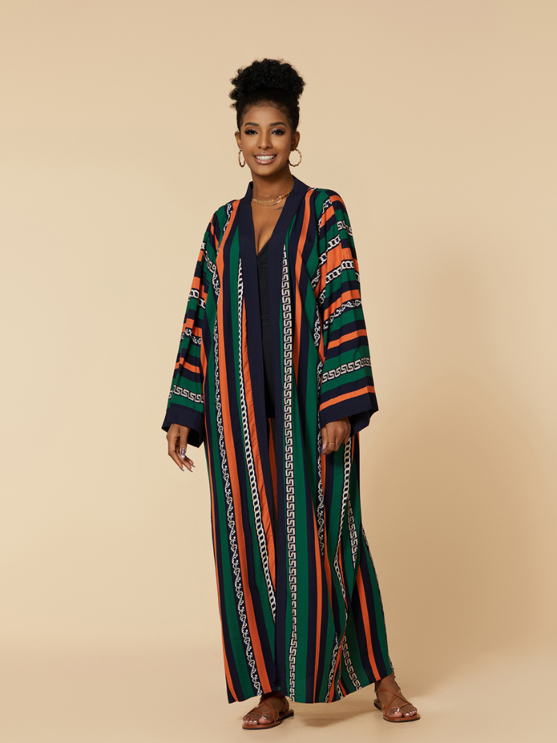 Women's Orange Green Stripes Kimono Jacket