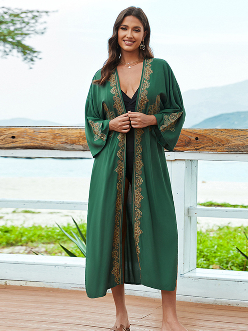 Robe Kimono à ceinture brodée à style ouvert de grande taille en liberté en liberté