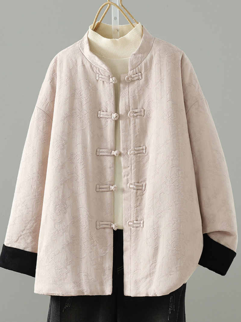 Mandarin-Collar Cotton&Flax Jacquard Jacket, Elegant Women’s Winter Outerwear