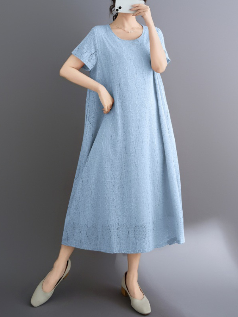 Lace-Scrolled A-Line Midi Dress with Pockets in Cotton Blend Elegance