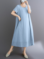 Lace-Scrolled A-Line Midi Dress with Pockets in Cotton Blend Elegance