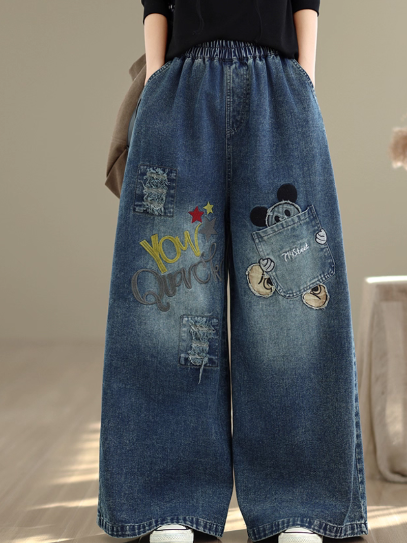 Chic Wide-Leg Women's Jeans in Denim Cotton with Artful Patchwork
