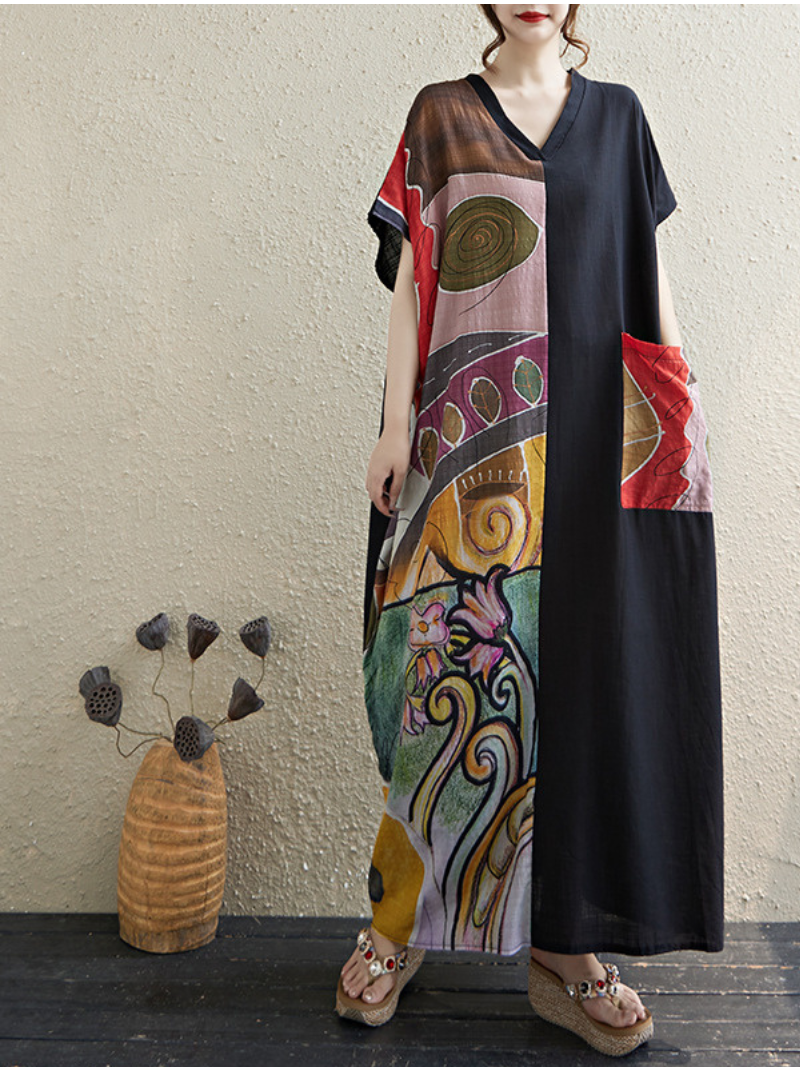 Women's Summer Trendy Front Large Pockets Printed Kaftan Dress