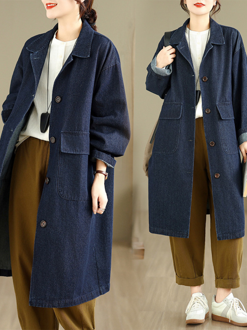 Relaxed Longline Denim Coat in Cotton with Patch Pockets, Effortless Chic