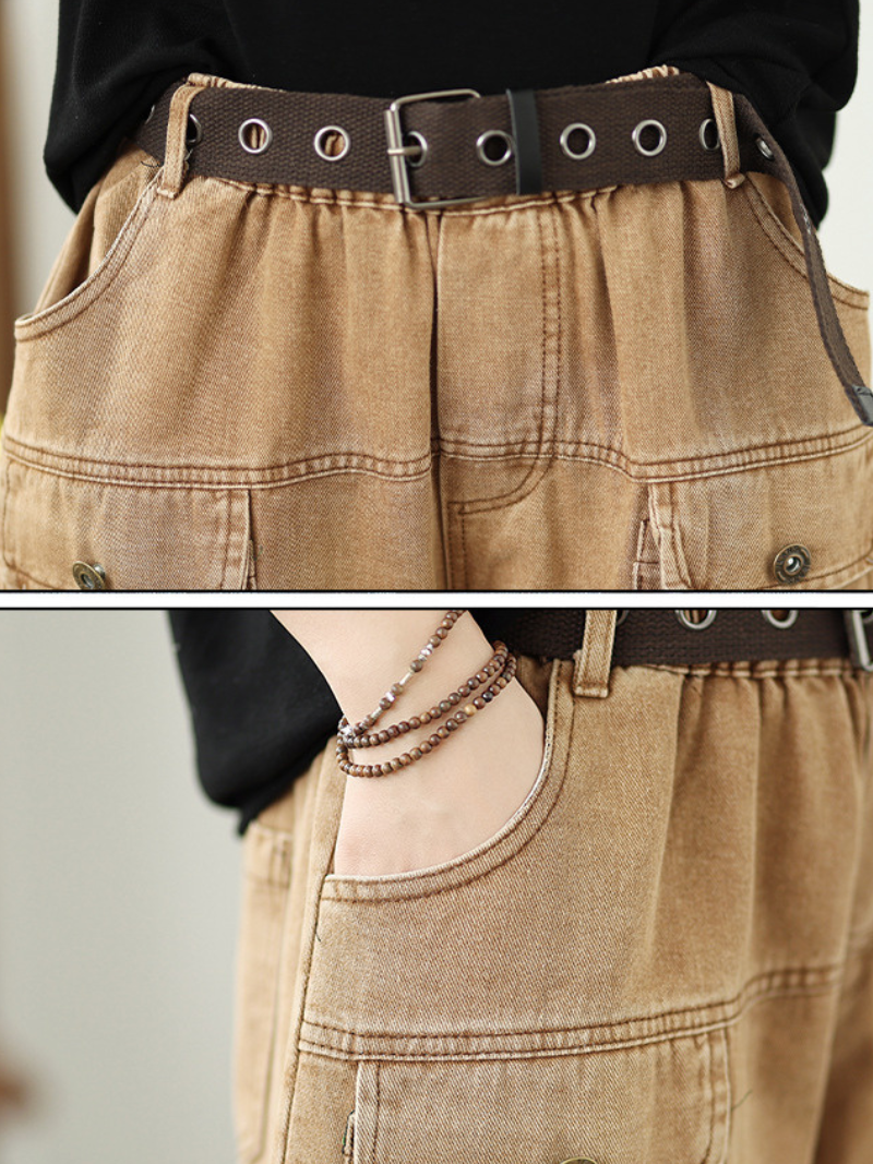 High-Waist Denim Cotton Cargo Pants with Belt, Relaxed Barrel Leg