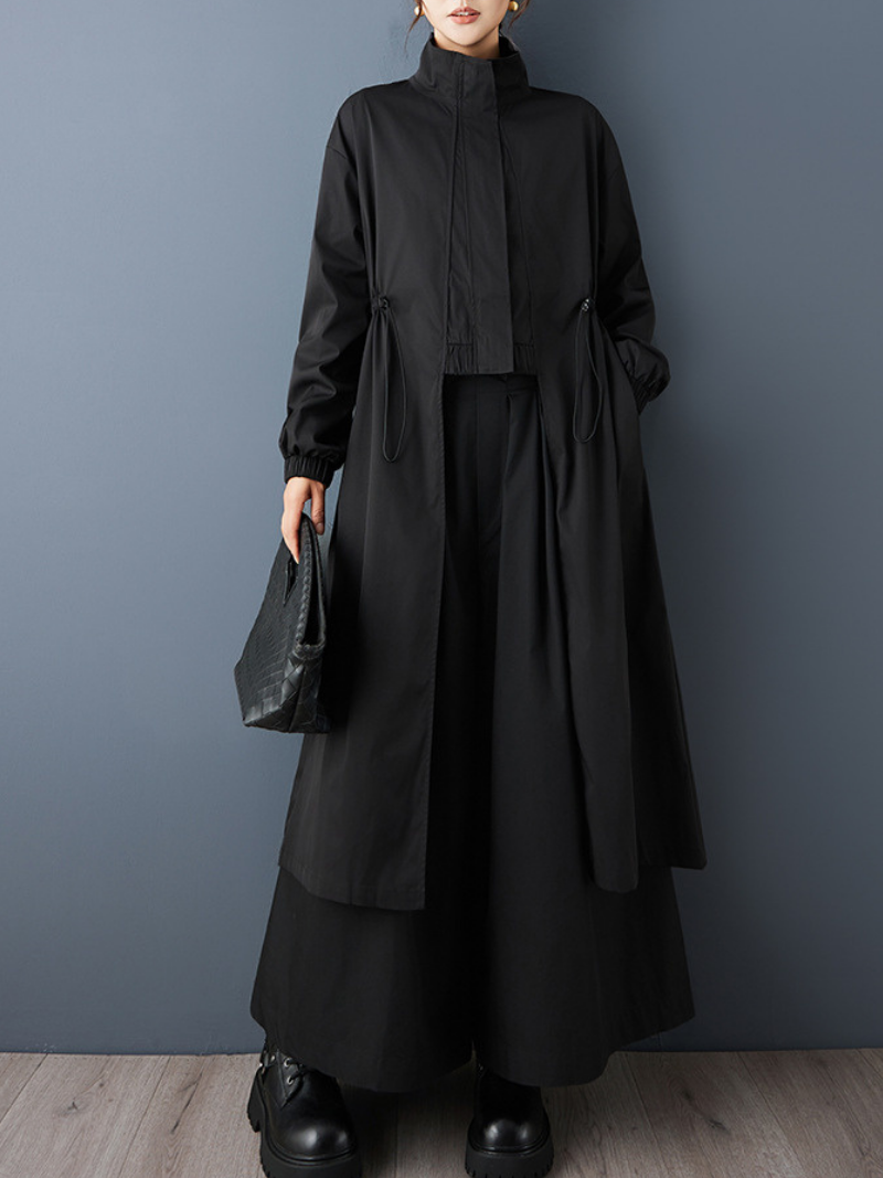 Minimalist Stand-Collar Drawstring Trench Coat, Oversized Longline Everyday Elegance