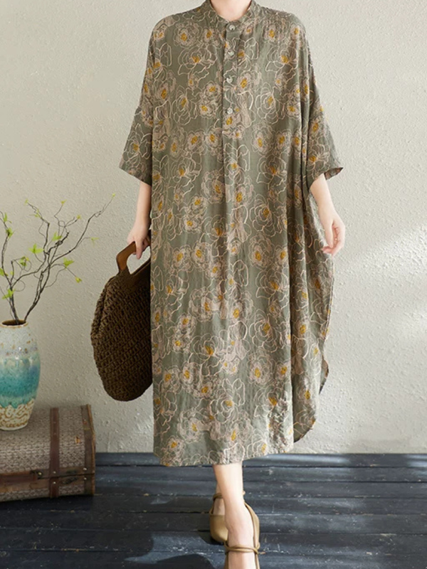 Serene Weekend Floral Dress — Cotton Linen Ease with Relaxed Elegance