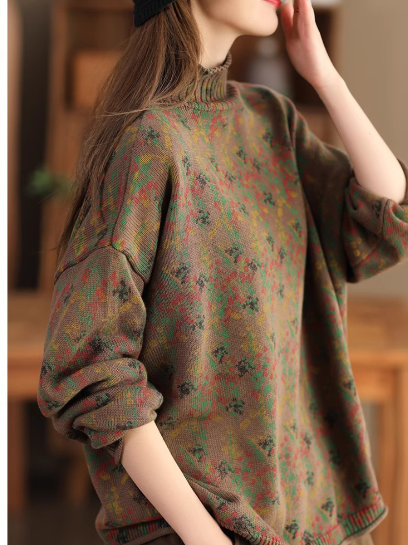 Jacquard Floral Knit Sweater with Relaxed Silhouette for Effortless Layering