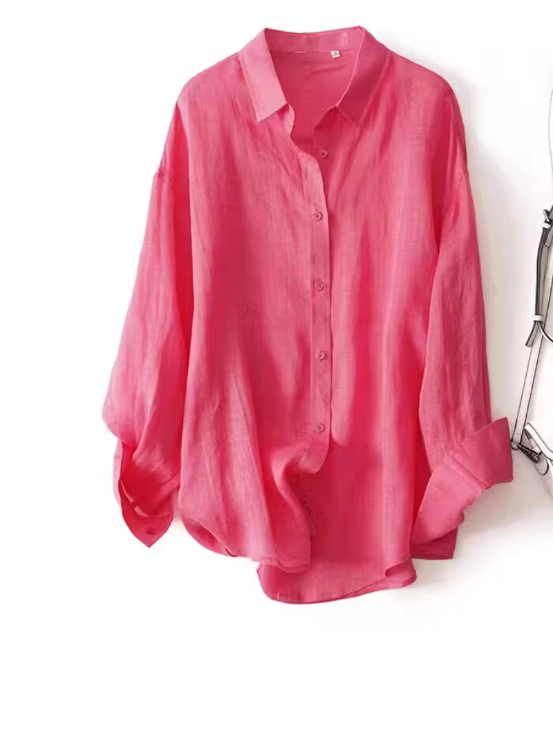 Chic Oversized Ramie Shirt, Button-Front Ease and Relaxed Collared Draping