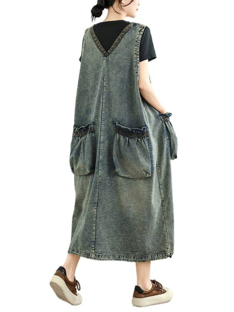 Relaxed V-Neck Denim Dress with Oversized Pockets, Effortless Pinafore