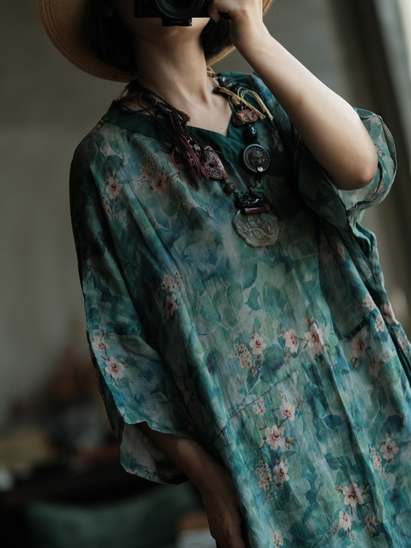 Artisanal Floral Ramie Kaftan Dress with Flowing Kimono Sleeves